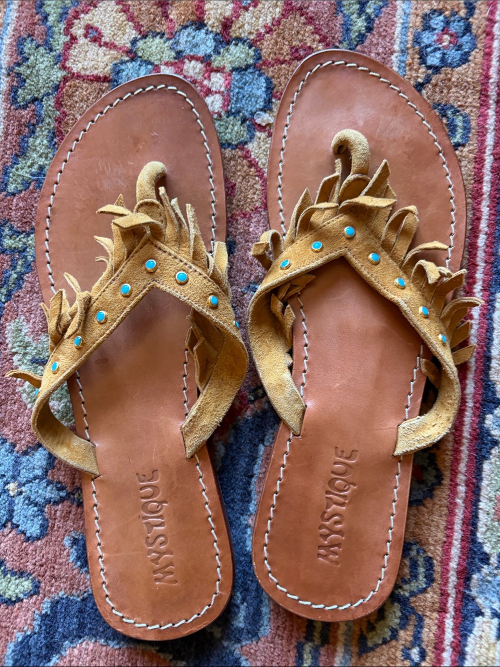 Mystique Boutique Tan Suede Fringe Sandals with Turquoise Studs